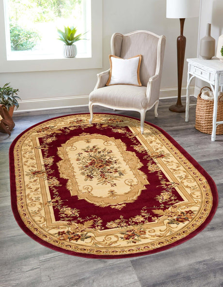 Red 5' 3 x 8' Versailles Oval Area Rug Classic Traditional Motif Indoor Carpet for Hallways, Dining Rooms, Bedrooms, Living Room, Office for Sale at Rug Engine