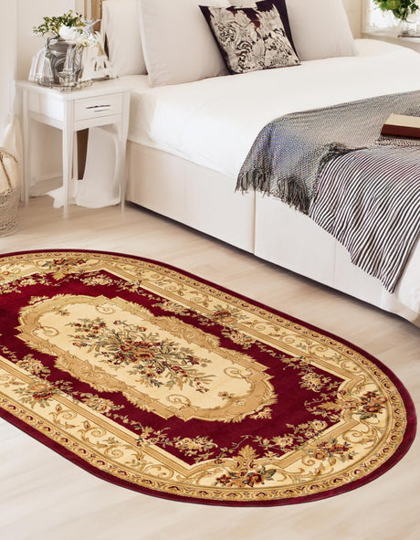 Red 5' 3 x 8' Versailles Oval Area Rug Classic Traditional Motif Indoor Carpet for Hallways, Dining Rooms, Bedrooms, Living Room, Office for Sale at Rug Engine
