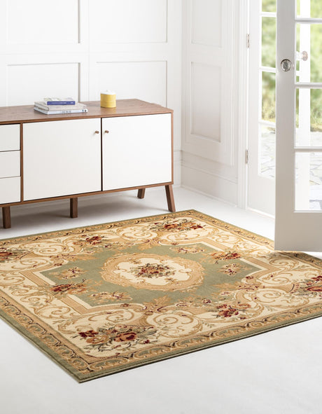 Green 10' x 10' Versailles Square Area Rug Classic Traditional Motif Indoor Carpet for Hallways, Dining Rooms, Bedrooms, Living Room, Office for Sale at Rug Engine