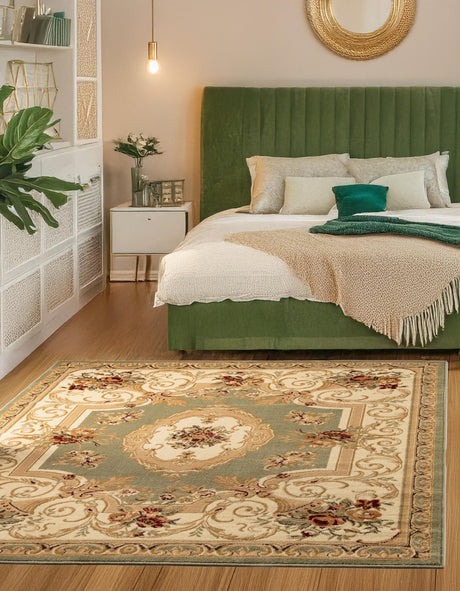 Green 10' x 10' Versailles Square Area Rug Classic Traditional Motif Indoor Carpet for Hallways, Dining Rooms, Bedrooms, Living Room, Office for Sale at Rug Engine