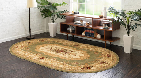 Green 4' 1 x 6' 1 Versailles Oval Area Rug Classic Traditional Motif Indoor Carpet for Hallways, Dining Rooms, Bedrooms, Living Room, Office for Sale at Rug Engine