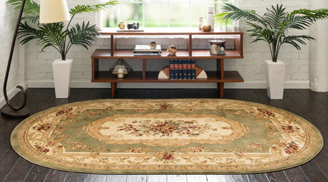 Green 7' 10 x 10' Versailles Oval Area Rug Classic Traditional Motif Indoor Carpet for Hallways, Dining Rooms, Bedrooms, Living Room, Office for Sale at Rug Engine