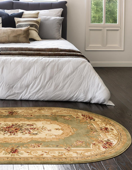 Green 7' 10 x 10' Versailles Oval Area Rug Classic Traditional Motif Indoor Carpet for Hallways, Dining Rooms, Bedrooms, Living Room, Office for Sale at Rug Engine