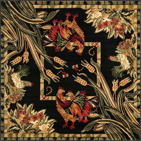 Black 4' 1 x 4' 1 Barnyard Square Area Rug 100% Polypropylene With Cotton Backing Traditional Cottage Rustic Classical Carpet for Living Office Bedroom Dining Room Easy to Clean Long Lasting & Durable Decor for Sale at Rug Engine