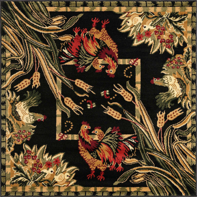Black 4' 1 x 4' 1 Barnyard Square Area Rug 100% Polypropylene With Cotton Backing Traditional Cottage Rustic Classical Carpet for Living Office Bedroom Dining Room Easy to Clean Long Lasting & Durable Decor for Sale at Rug Engine