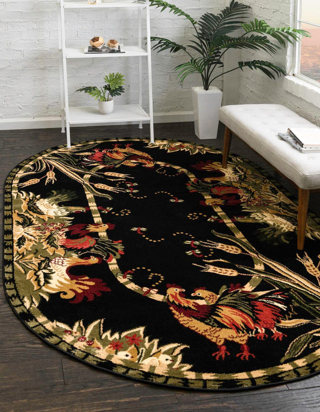 Black 5' 3 x 8' Barnyard Oval Area Rug 100% Polypropylene With Cotton Backing Traditional Cottage Rustic Classical Carpet for Living Office Bedroom Dining Room Easy to Clean Long Lasting & Durable Decor for Sale at Rug Engine