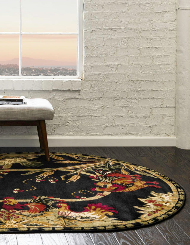 Black 4' 1 x 6' 1 Barnyard Oval Area Rug 100% Polypropylene With Cotton Backing Traditional Cottage Rustic Classical Carpet for Living Office Bedroom Dining Room Easy to Clean Long Lasting & Durable Decor for Sale at Rug Engine