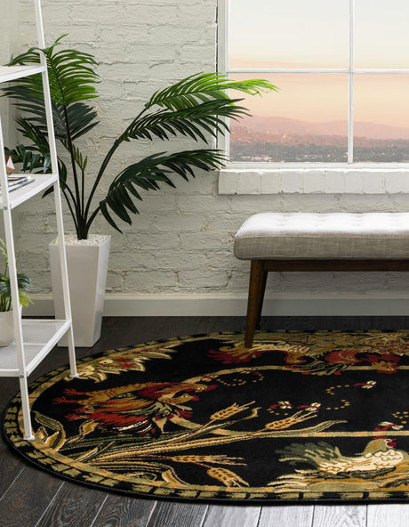 Black 5' 3 x 8' Barnyard Oval Area Rug 100% Polypropylene With Cotton Backing Traditional Cottage Rustic Classical Carpet for Living Office Bedroom Dining Room Easy to Clean Long Lasting & Durable Decor for Sale at Rug Engine