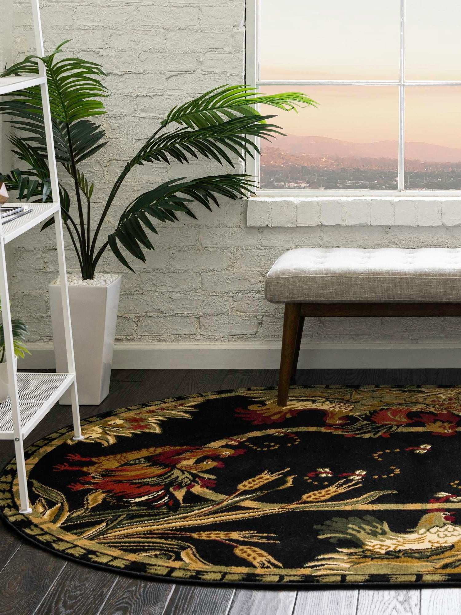 Black 4' 1 x 6' 1 Barnyard Oval Area Rug 100% Polypropylene With Cotton Backing Traditional Cottage Rustic Classical Carpet for Living Office Bedroom Dining Room Easy to Clean Long Lasting & Durable Decor for Sale at Rug Engine