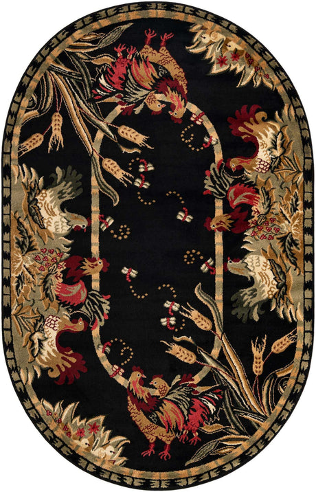 Black 5' 3 x 8' Barnyard Oval Area Rug 100% Polypropylene With Cotton Backing Traditional Cottage Rustic Classical Carpet for Living Office Bedroom Dining Room Easy to Clean Long Lasting & Durable Decor for Sale at Rug Engine