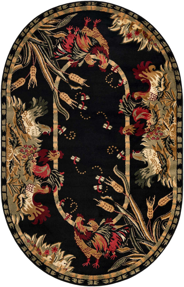Black 5' 3 x 8' Barnyard Oval Area Rug 100% Polypropylene With Cotton Backing Traditional Cottage Rustic Classical Carpet for Living Office Bedroom Dining Room Easy to Clean Long Lasting & Durable Decor for Sale at Rug Engine