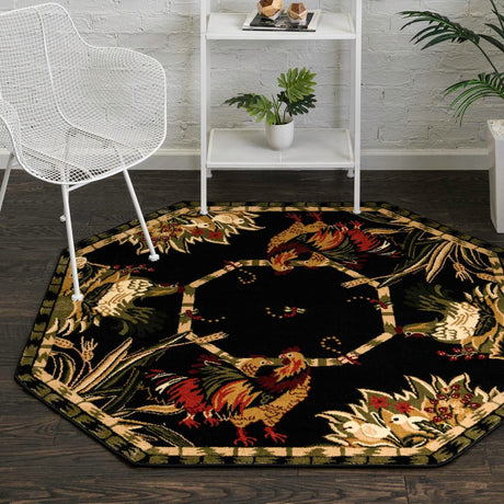 Black 5' 3 x 5' 3 Barnyard Octagon Area Rug 100% Polypropylene With Cotton Backing Traditional Cottage Rustic Classical Carpet for Living Office Bedroom Dining Room Easy to Clean Long Lasting & Durable Decor for Sale at Rug Engine