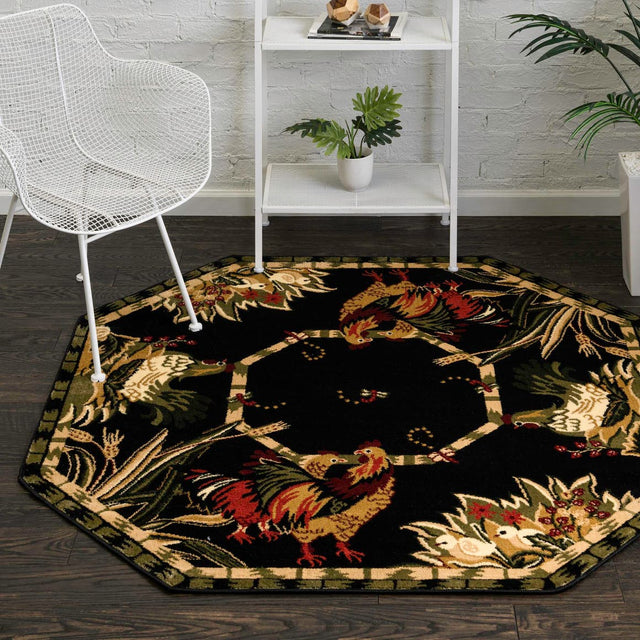 Black 5' 3 x 5' 3 Barnyard Octagon Area Rug 100% Polypropylene With Cotton Backing Traditional Cottage Rustic Classical Carpet for Living Office Bedroom Dining Room Easy to Clean Long Lasting & Durable Decor for Sale at Rug Engine
