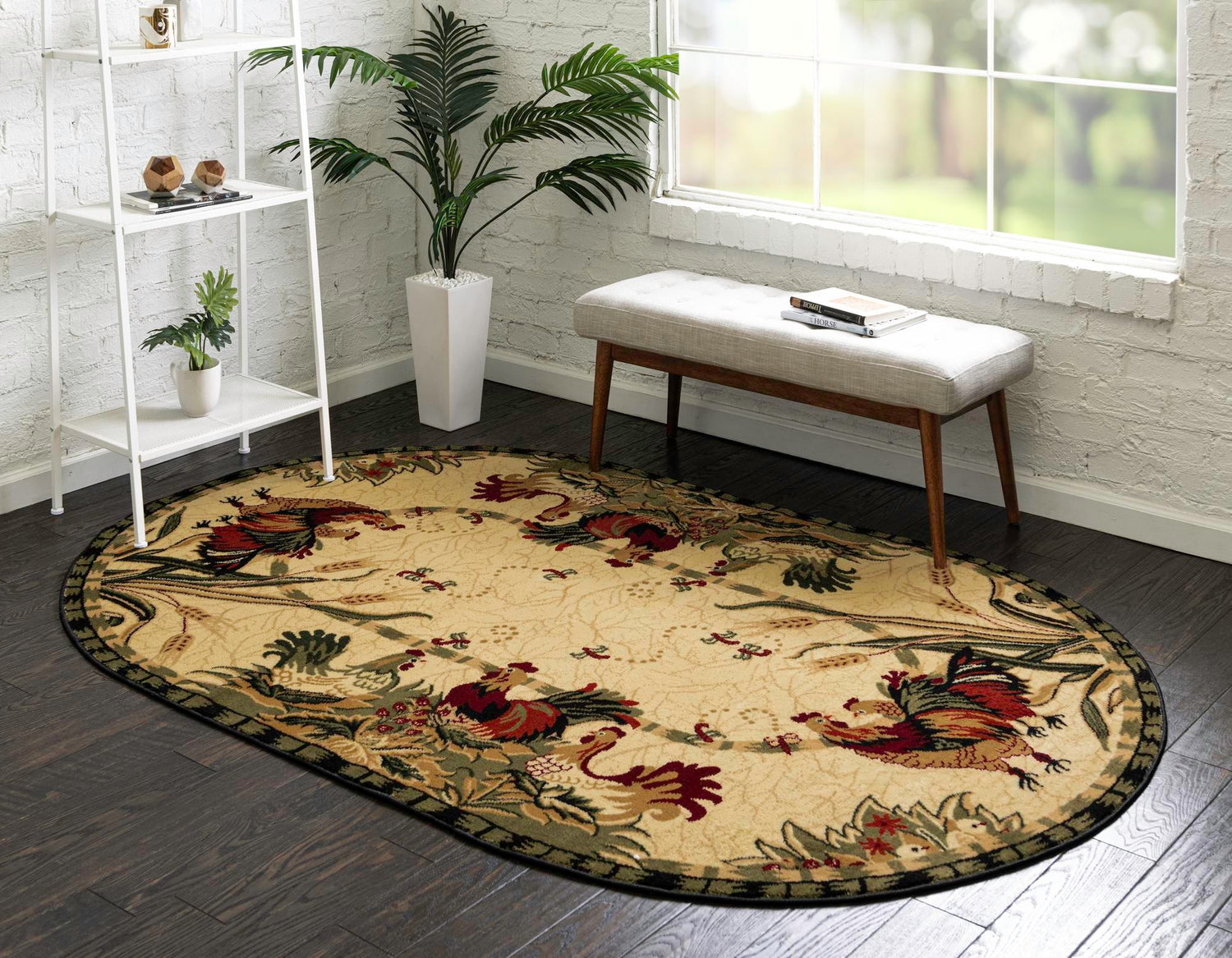 Cream 4' 1 x 6' 1 Barnyard Oval Area Rug 100% Polypropylene With Cotton Backing Traditional Cottage Rustic Classical Carpet for Living Office Bedroom Dining Room Easy to Clean Long Lasting & Durable Decor for Sale at Rug Engine