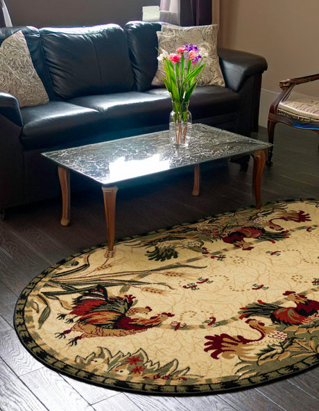 Cream 4' 1 x 6' 1 Barnyard Oval Area Rug 100% Polypropylene With Cotton Backing Traditional Cottage Rustic Classical Carpet for Living Office Bedroom Dining Room Easy to Clean Long Lasting & Durable Decor for Sale at Rug Engine