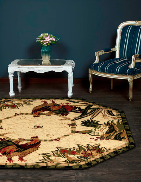 Cream 7' 10 x 7' 10 Barnyard Octagon Area Rug 100% Polypropylene With Cotton Backing Traditional Cottage Rustic Classical Carpet for Living Office Bedroom Dining Room Easy to Clean Long Lasting & Durable Decor for Sale at Rug Engine