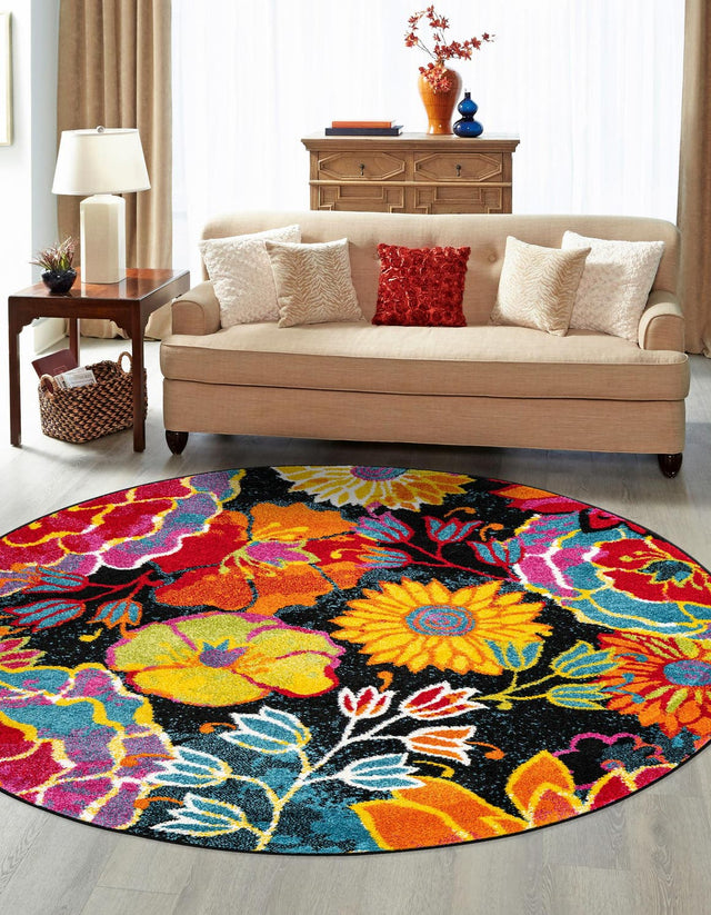 Black 4' 1 x 4' 1 Lyon Round Area Rug Vivid Colorful Abstract Modern 100% Polypropylene Carpet for Living Room, Dining, Office for Sale at Rug Engine