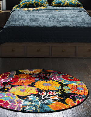 Black 5' x 5' Lyon Round Area Rug Vivid Colorful Abstract Modern 100% Polypropylene Carpet for Living Room, Dining, Office for Sale at Rug Engine