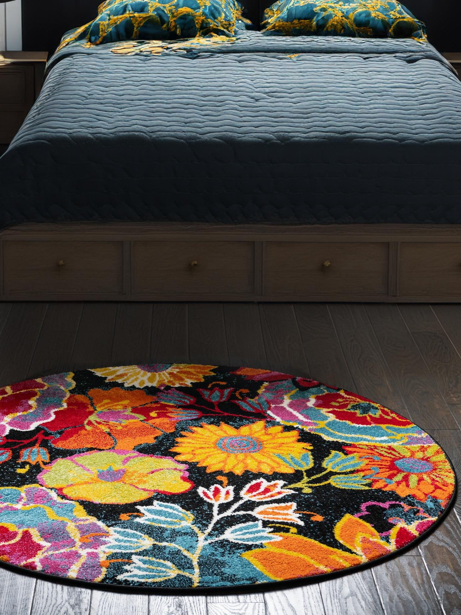 Black 4' 1 x 4' 1 Lyon Round Area Rug Vivid Colorful Abstract Modern 100% Polypropylene Carpet for Living Room, Dining, Office for Sale at Rug Engine