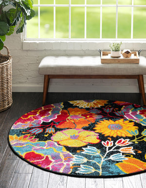 Black 5' x 5' Lyon Round Area Rug Vivid Colorful Abstract Modern 100% Polypropylene Carpet for Living Room, Dining, Office for Sale at Rug Engine