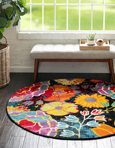 Black 4' 1 x 4' 1 Lyon Round Area Rug Vivid Colorful Abstract Modern 100% Polypropylene Carpet for Living Room, Dining, Office for Sale at Rug Engine
