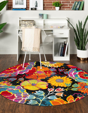 Black 5' x 5' Lyon Round Area Rug Vivid Colorful Abstract Modern 100% Polypropylene Carpet for Living Room, Dining, Office for Sale at Rug Engine