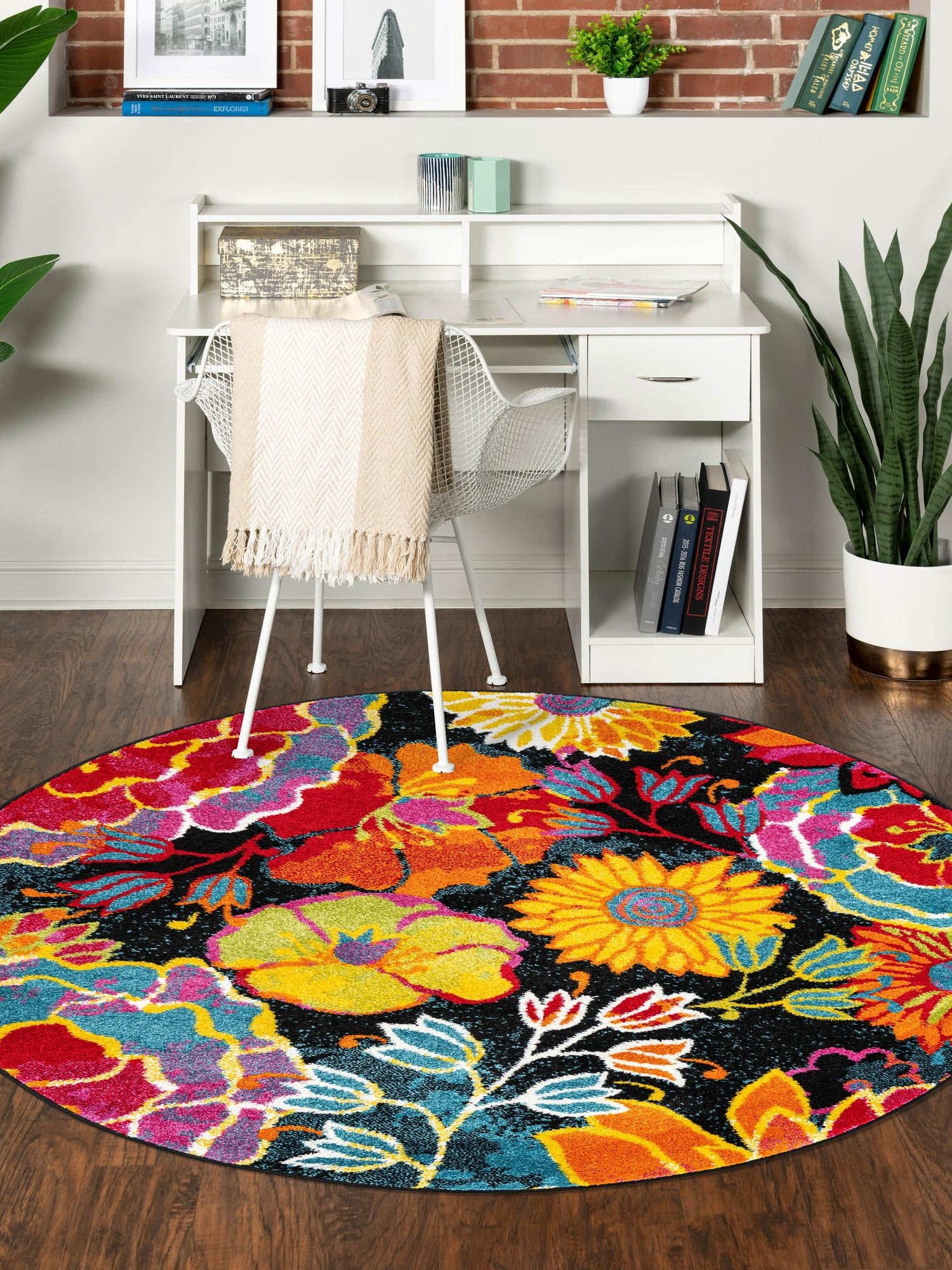 Black 7' 1 x 7' 1 Lyon Round Area Rug Vivid Colorful Abstract Modern 100% Polypropylene Carpet for Living Room, Dining, Office for Sale at Rug Engine