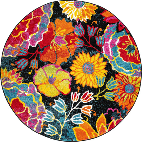 Black 5' x 5' Lyon Round Area Rug Vivid Colorful Abstract Modern 100% Polypropylene Carpet for Living Room, Dining, Office for Sale at Rug Engine