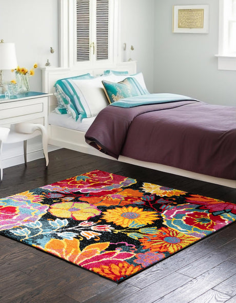 Black 4' x 4' Lyon Square Area Rug Vivid Colorful Abstract Modern 100% Polypropylene Carpet for Living Room, Dining, Office for Sale at Rug Engine
