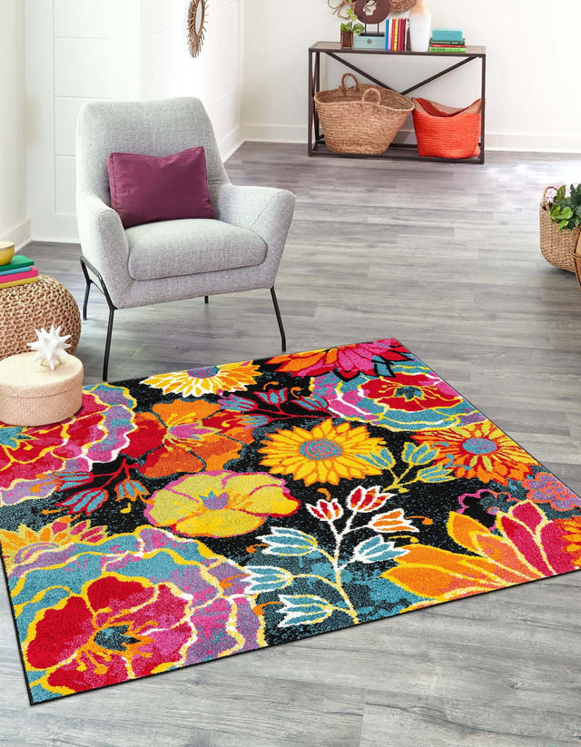 Black 4' x 4' Lyon Square Area Rug Vivid Colorful Abstract Modern 100% Polypropylene Carpet for Living Room, Dining, Office for Sale at Rug Engine