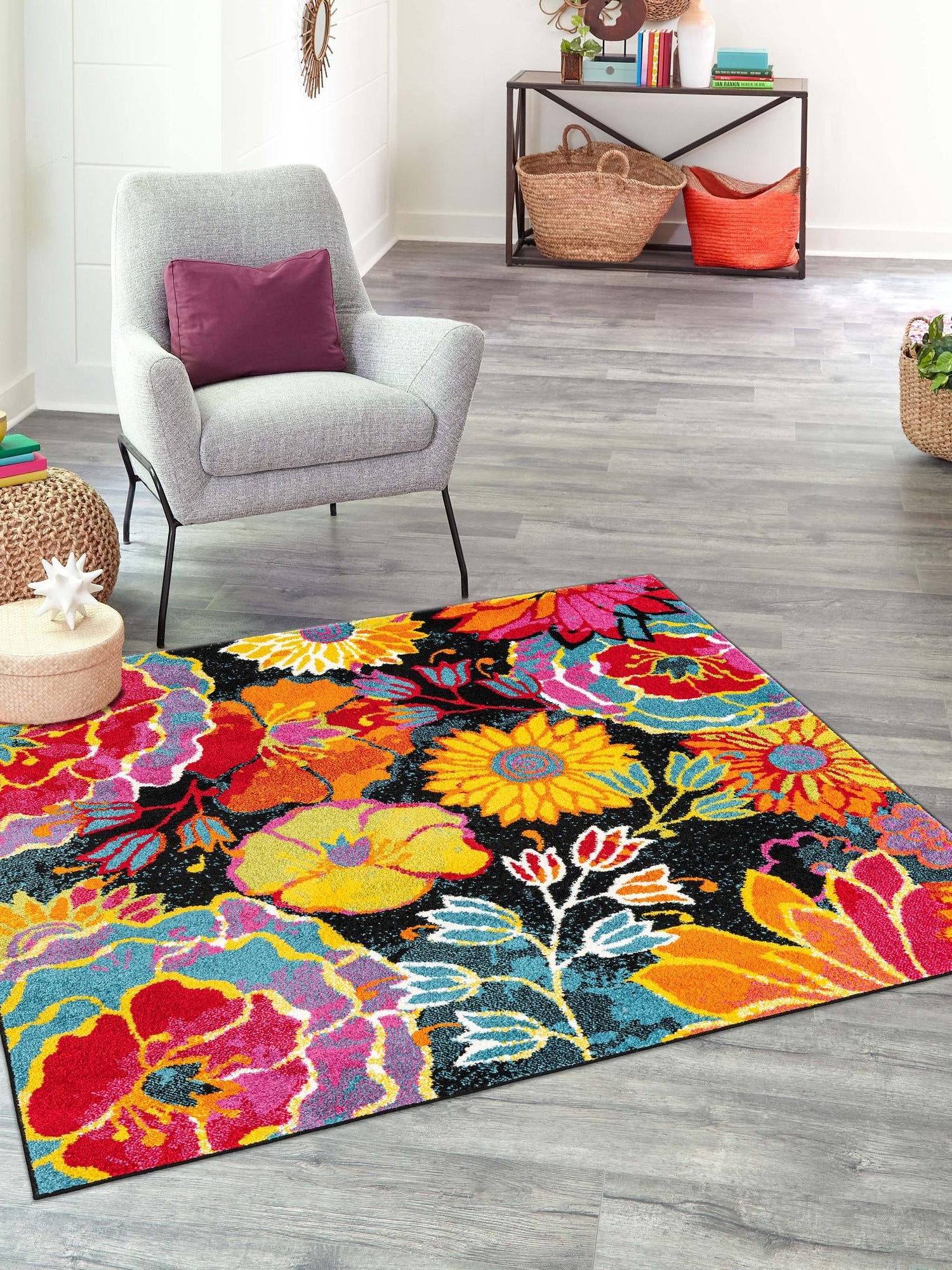 Black 7' 10 x 7' 10 Lyon Square Area Rug Vivid Colorful Abstract Modern 100% Polypropylene Carpet for Living Room, Dining, Office for Sale at Rug Engine