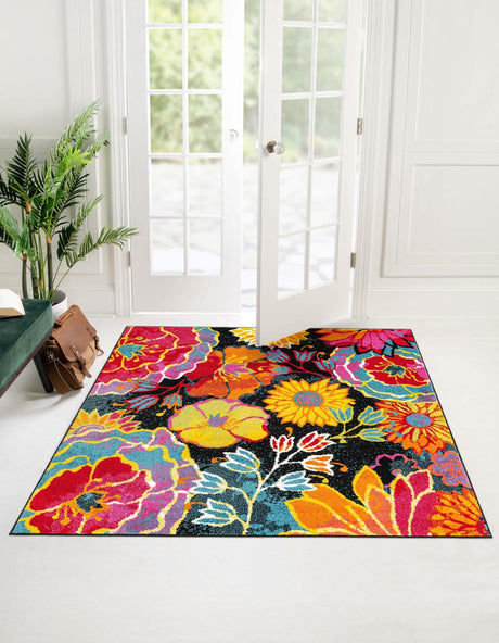 Black 5' x 5' Lyon Square Area Rug Vivid Colorful Abstract Modern 100% Polypropylene Carpet for Living Room, Dining, Office for Sale at Rug Engine