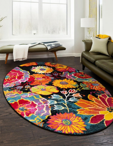Black 5' x 8' Lyon Oval Area Rug Vivid Colorful Abstract Modern 100% Polypropylene Carpet for Living Room, Dining, Office for Sale at Rug Engine