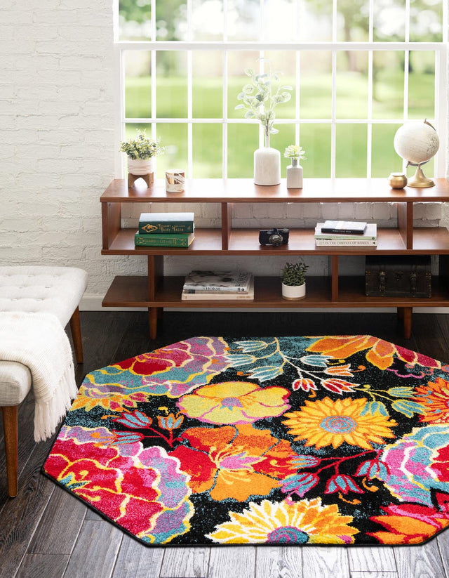 Black 5' x 5' Lyon Octagon Area Rug Vivid Colorful Abstract Modern 100% Polypropylene Carpet for Living Room, Dining, Office for Sale at Rug Engine