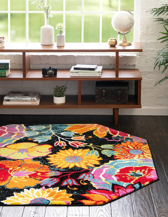 Black 5' x 5' Lyon Octagon Area Rug Vivid Colorful Abstract Modern 100% Polypropylene Carpet for Living Room, Dining, Office for Sale at Rug Engine