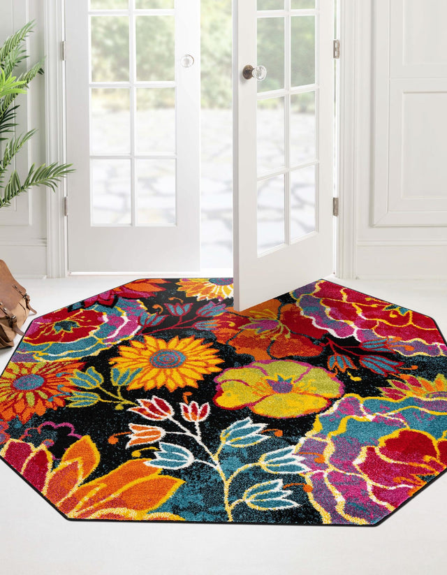 Black 7' 11 x 7' 11 Lyon Octagon Area Rug Vivid Colorful Abstract Modern 100% Polypropylene Carpet for Living Room, Dining, Office for Sale at Rug Engine