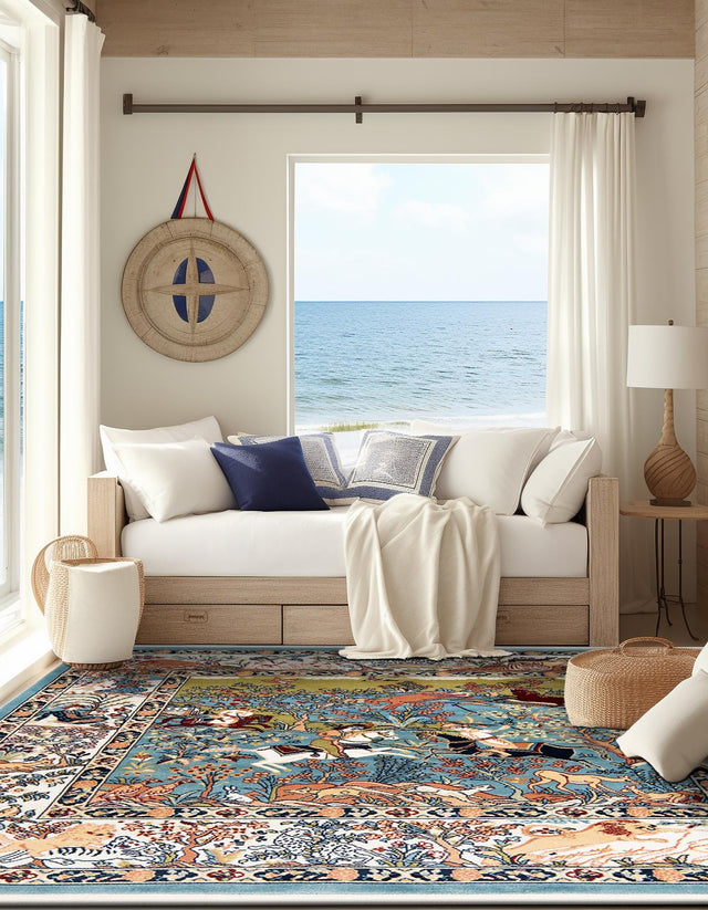 Blue 7' 10 x 8' Narenj Square Area Rug 85% Polypropylene & 15% Polyester Traditional Classic Carpet for Living, Dining, Bedrooms, Office for Sale at Rug Engine
