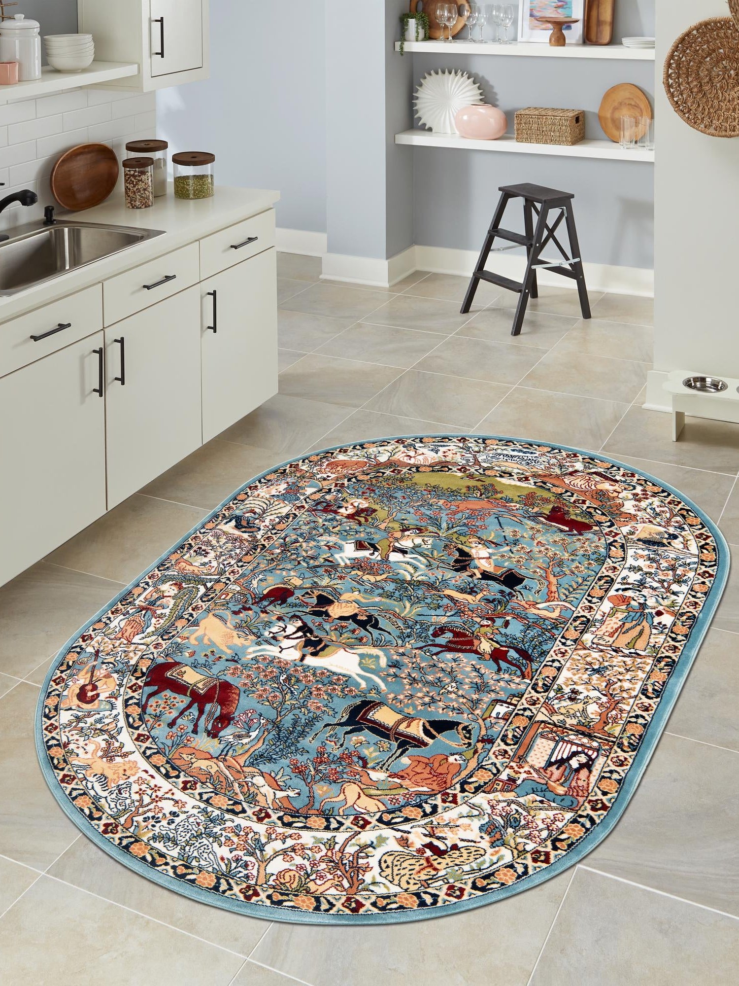 Blue 4' 1 x 6' 1 Narenj Oval Area Rug 85% Polypropylene & 15% Polyester Traditional Classic Carpet for Living, Dining, Bedrooms, Office for Sale at Rug Engine