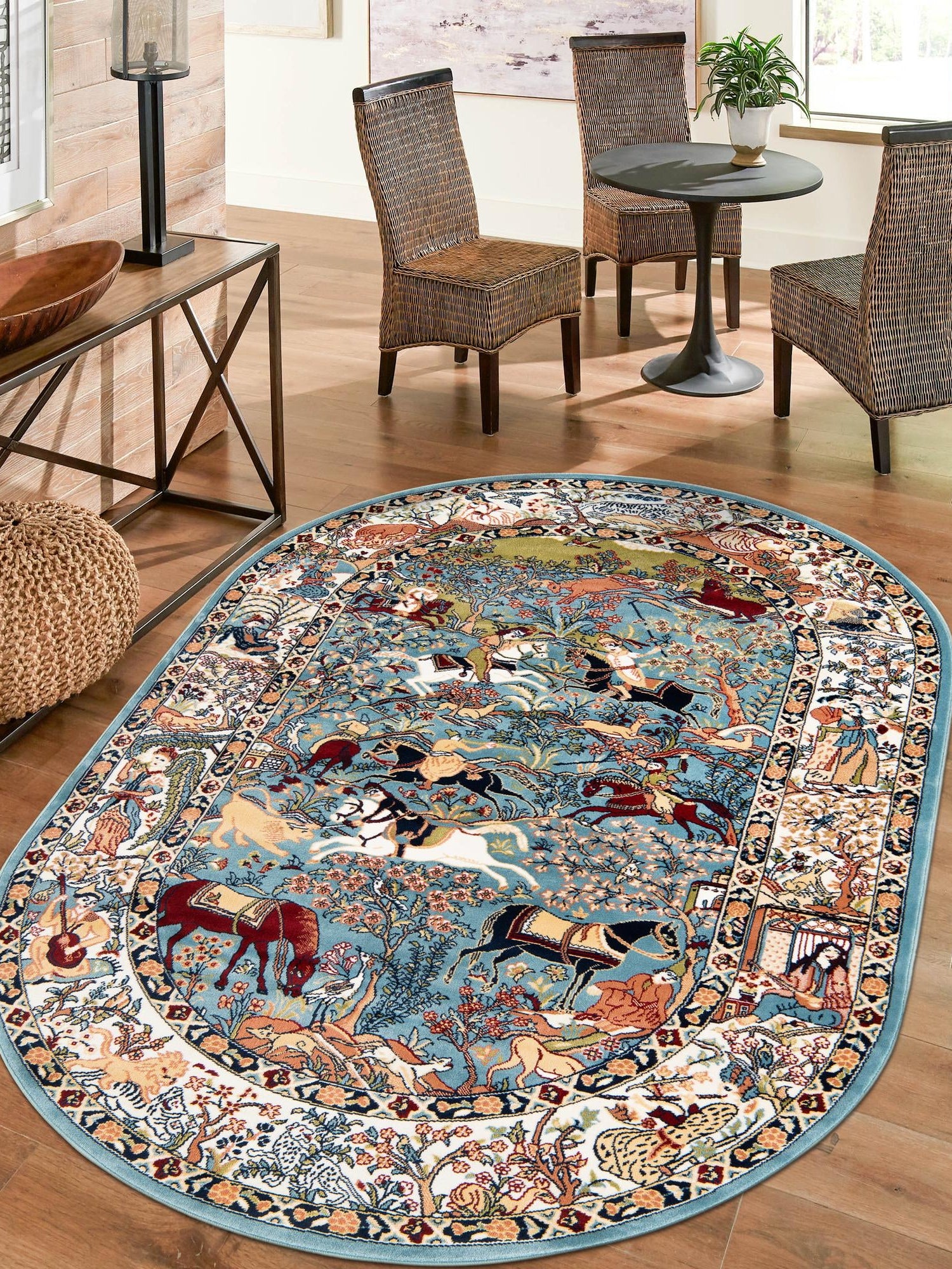 Blue 5' 3 x 8' Narenj Oval Area Rug 85% Polypropylene & 15% Polyester Traditional Classic Carpet for Living, Dining, Bedrooms, Office for Sale at Rug Engine