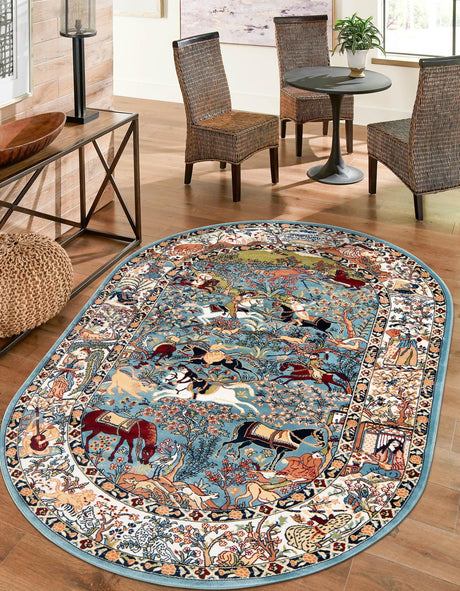 Blue 5' 3 x 8' Narenj Oval Area Rug 85% Polypropylene & 15% Polyester Traditional Classic Carpet for Living, Dining, Bedrooms, Office for Sale at Rug Engine