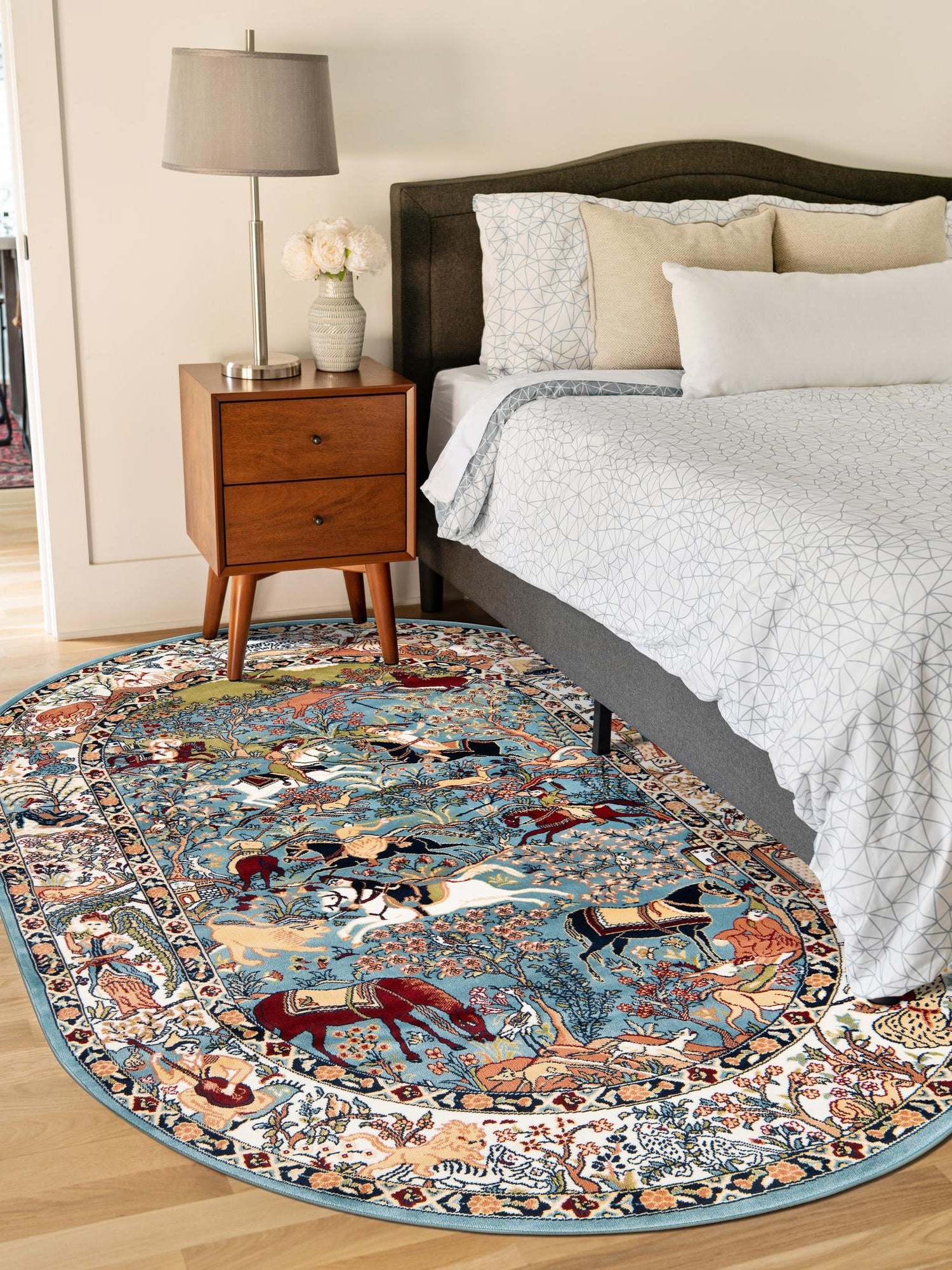 Blue 5' 3 x 8' Narenj Oval Area Rug 85% Polypropylene & 15% Polyester Traditional Classic Carpet for Living, Dining, Bedrooms, Office for Sale at Rug Engine