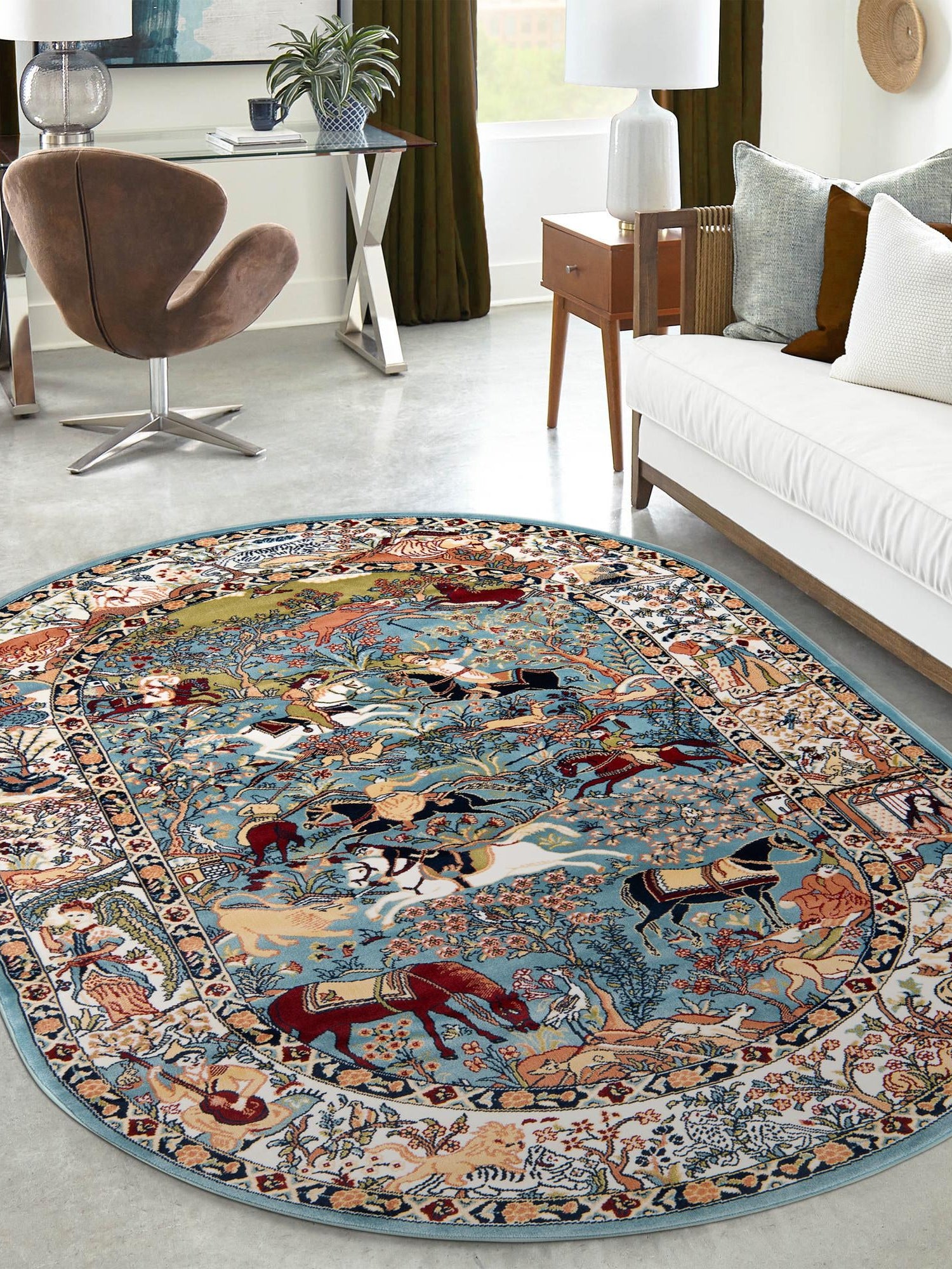 Blue 4' 1 x 6' 1 Narenj Oval Area Rug 85% Polypropylene & 15% Polyester Traditional Classic Carpet for Living, Dining, Bedrooms, Office for Sale at Rug Engine