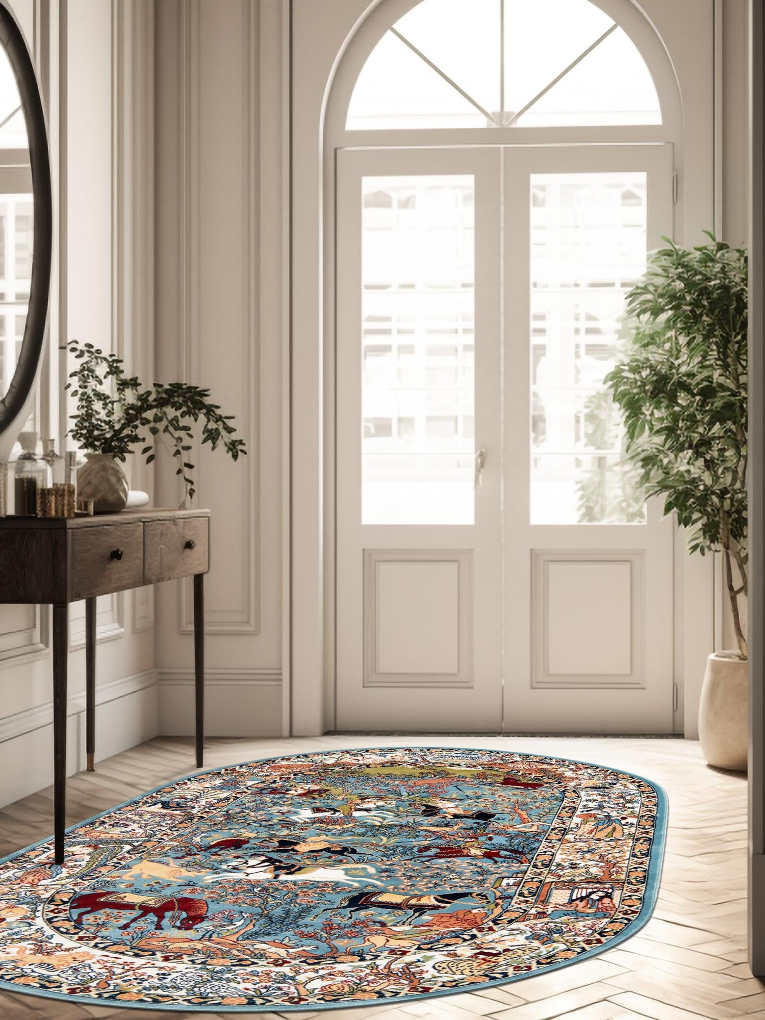 Blue 5' 3 x 8' Narenj Oval Area Rug 85% Polypropylene & 15% Polyester Traditional Classic Carpet for Living, Dining, Bedrooms, Office for Sale at Rug Engine
