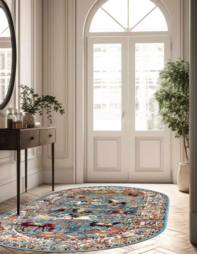 Blue 5' 3 x 8' Narenj Oval Area Rug 85% Polypropylene & 15% Polyester Traditional Classic Carpet for Living, Dining, Bedrooms, Office for Sale at Rug Engine
