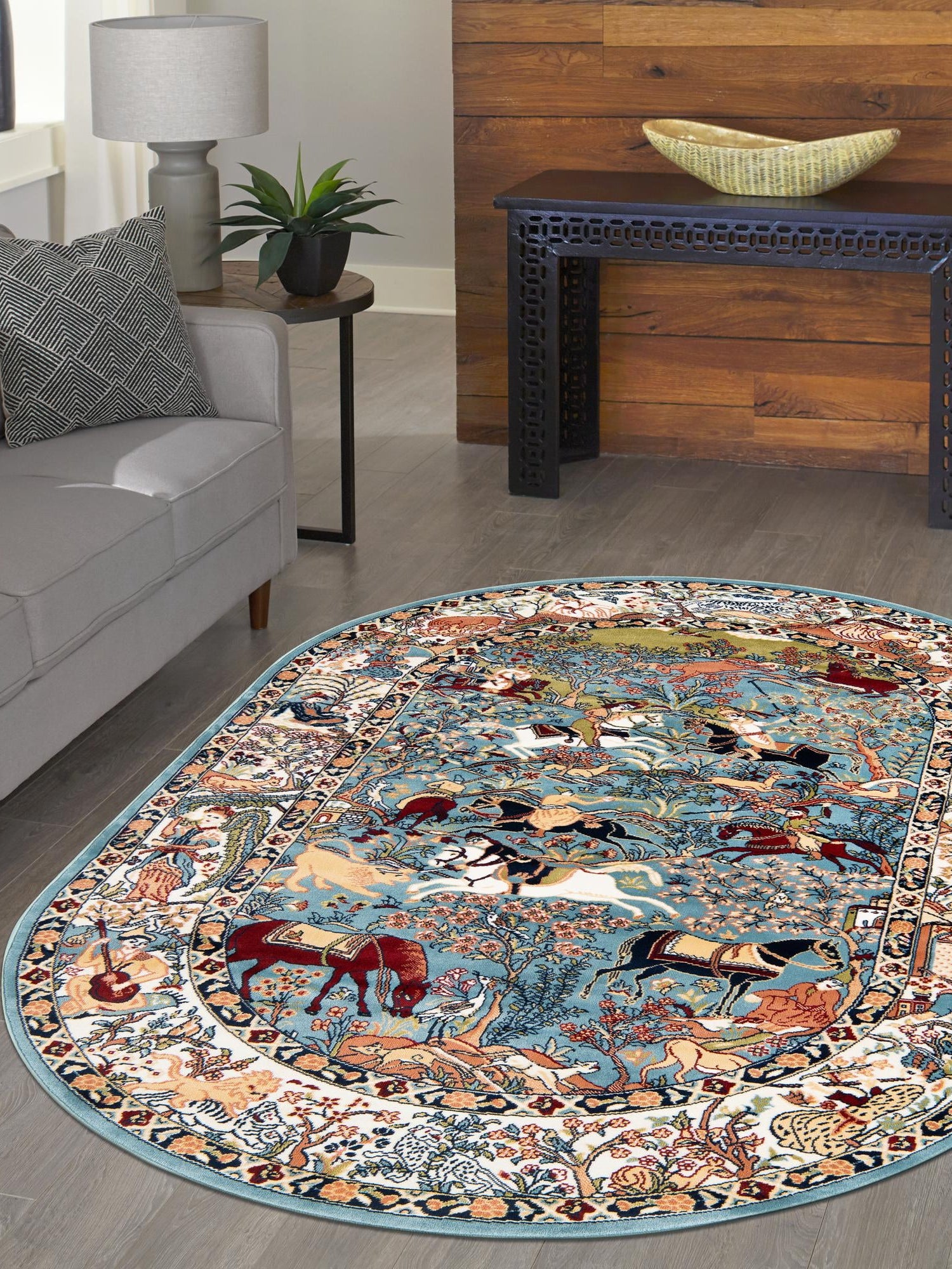 Blue 5' 3 x 8' Narenj Oval Area Rug 85% Polypropylene & 15% Polyester Traditional Classic Carpet for Living, Dining, Bedrooms, Office for Sale at Rug Engine