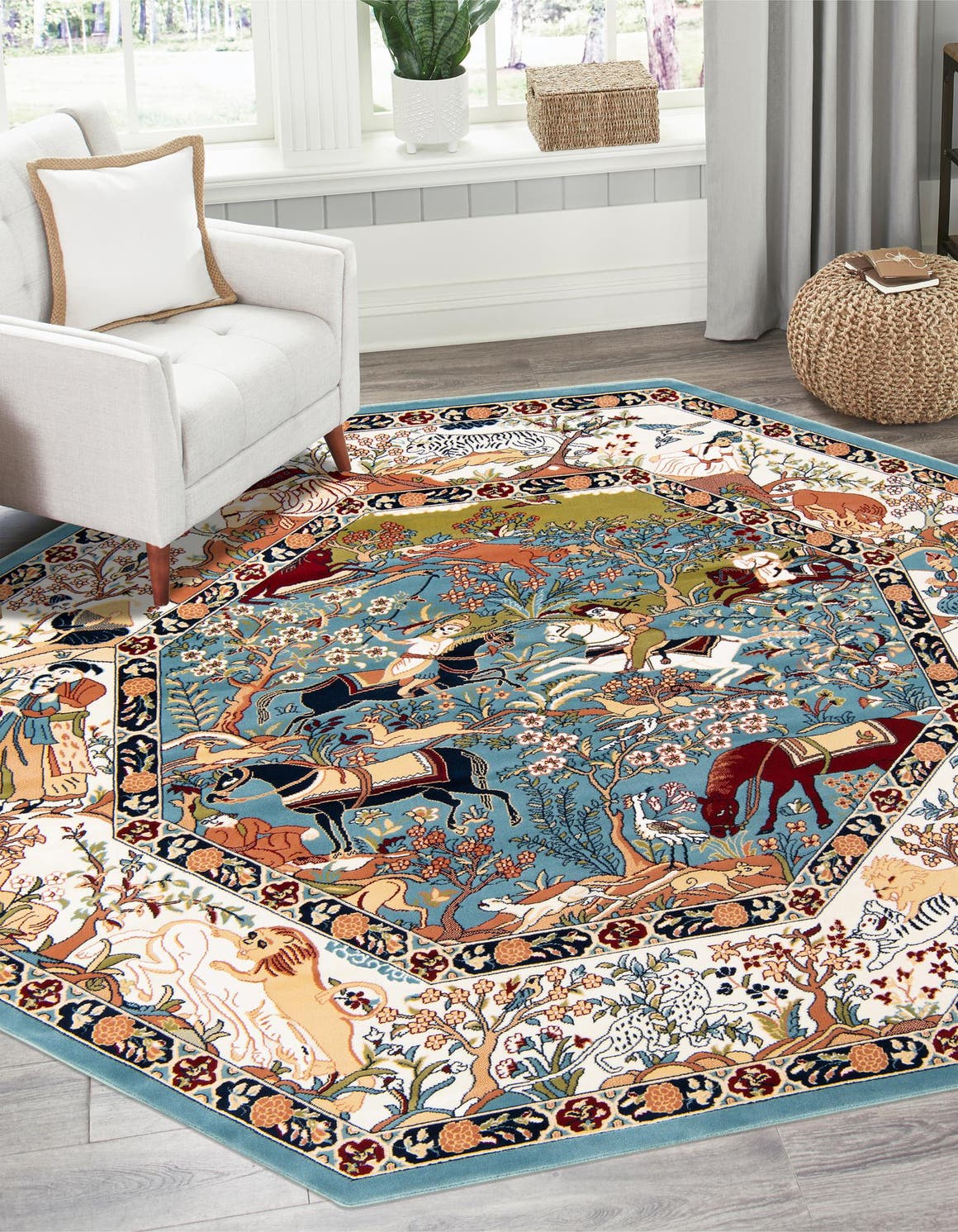 Blue 5' 3 x 5' 3 Narenj Octagon Area Rug 85% Polypropylene & 15% Polyester Traditional Classic Carpet for Living, Dining, Bedrooms, Office for Sale at Rug Engine