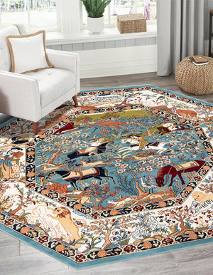 Blue 5' 3 x 5' 3 Narenj Octagon Area Rug 85% Polypropylene & 15% Polyester Traditional Classic Carpet for Living, Dining, Bedrooms, Office for Sale at Rug Engine