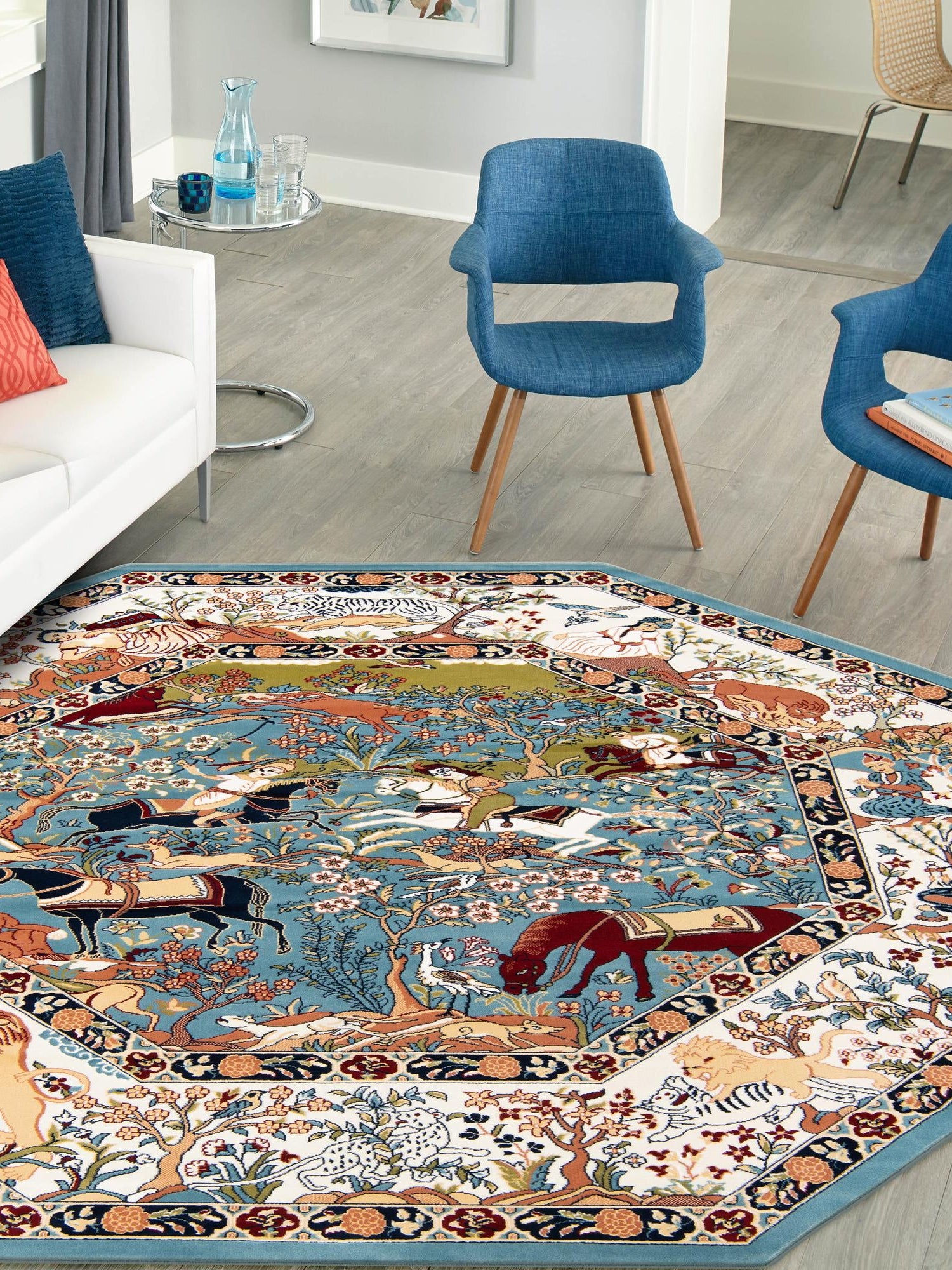 Blue 7' 10 x 7' 10 Narenj Octagon Area Rug 85% Polypropylene & 15% Polyester Traditional Classic Carpet for Living, Dining, Bedrooms, Office for Sale at Rug Engine