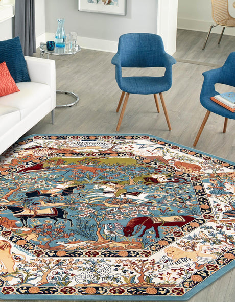 Blue 7' 10 x 7' 10 Narenj Octagon Area Rug 85% Polypropylene & 15% Polyester Traditional Classic Carpet for Living, Dining, Bedrooms, Office for Sale at Rug Engine