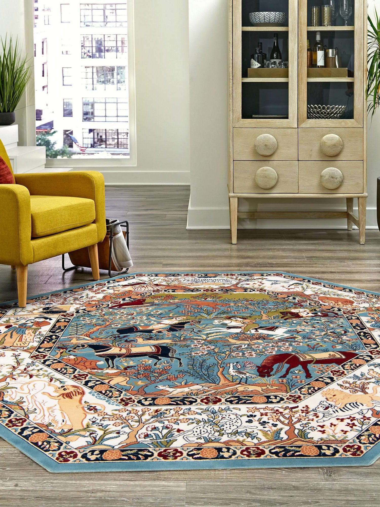 Blue 7' 10 x 7' 10 Narenj Octagon Area Rug 85% Polypropylene & 15% Polyester Traditional Classic Carpet for Living, Dining, Bedrooms, Office for Sale at Rug Engine